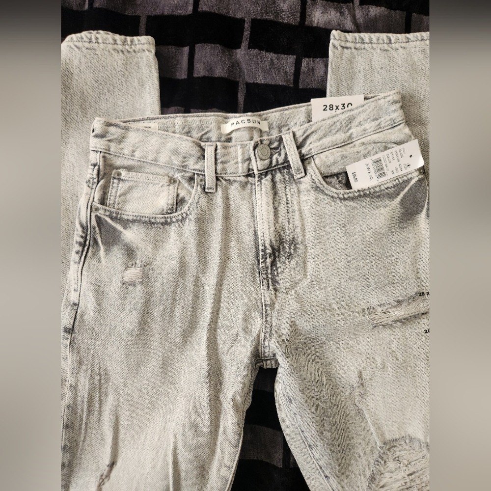 Pac Sun Slim Taper Comfort Stretch Light Grey Distressed Jeans New with Tags